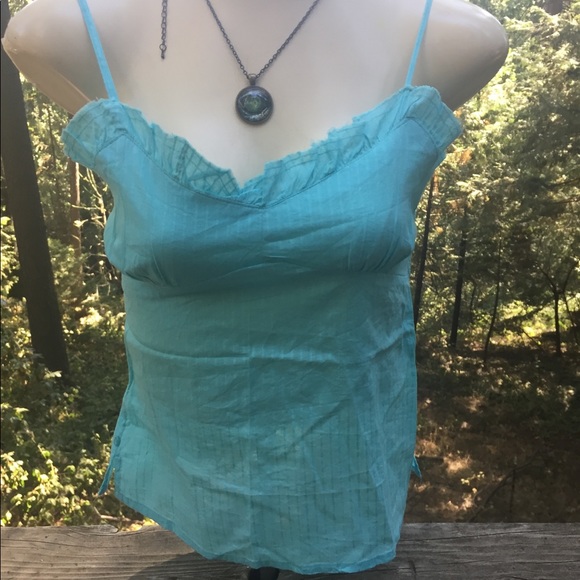 Raviya Tops - Raviva summer time cotton teal blue , scalloped lace trim camisole